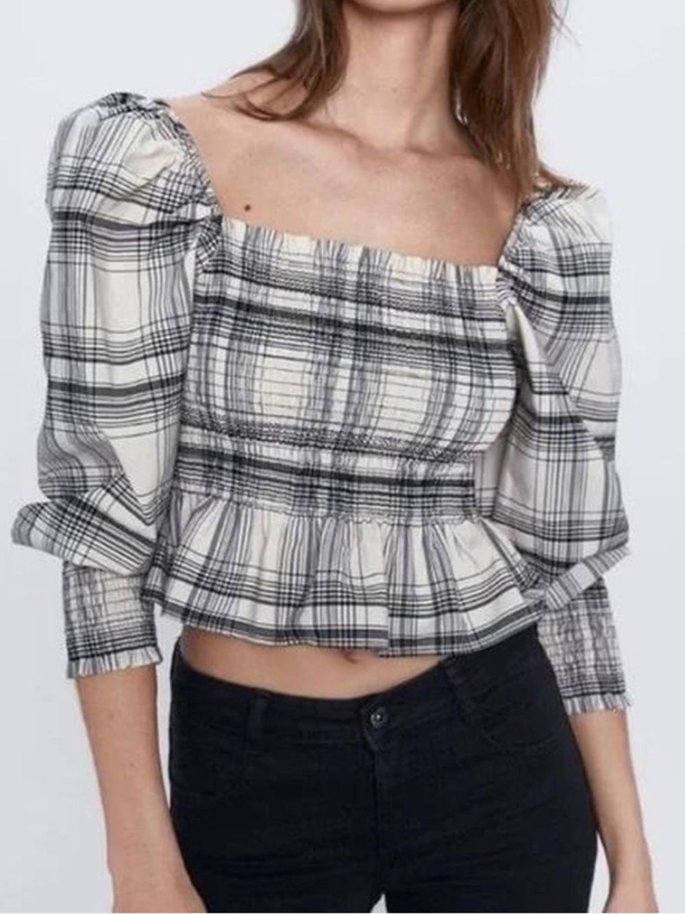 Zara Cream and Black Plaid Puff Sleeve Top Sz Med